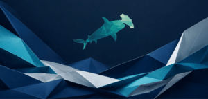 Oceans Edge Media shark logo on abstract background depicting different shapes and colors
