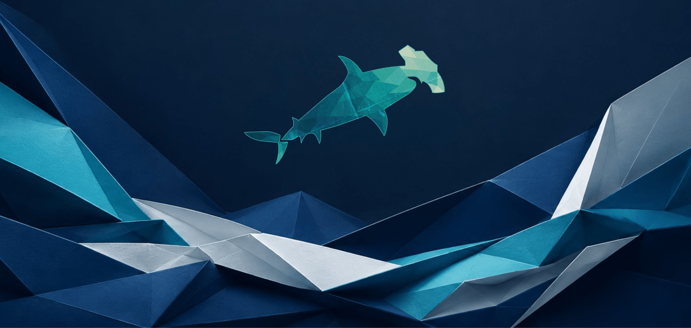 Oceans Edge Media shark logo on abstract background depicting different shapes and colors